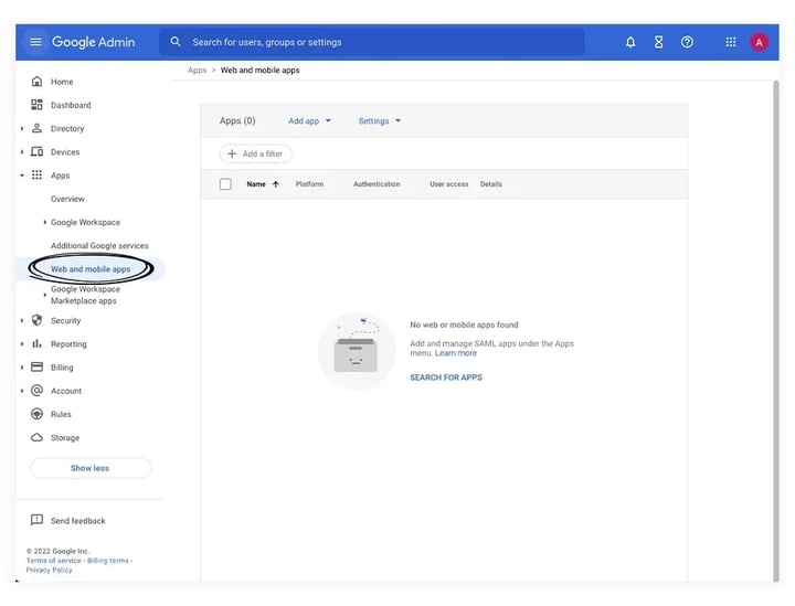 Screenshot of the Google Admin page