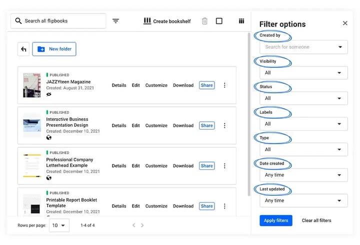 Filter options for flipbooks available in Flipsnack app