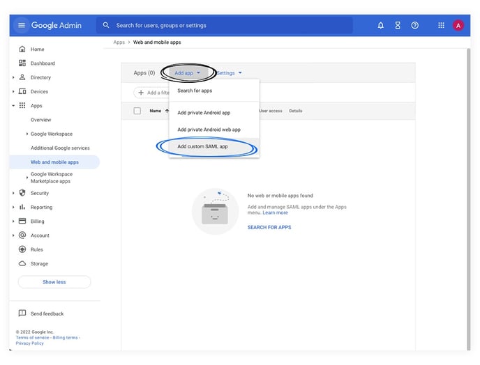 The second step of how to set a custom SAML app