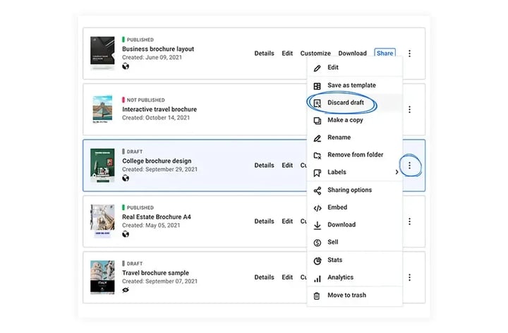 discard draft option in Design Studio
