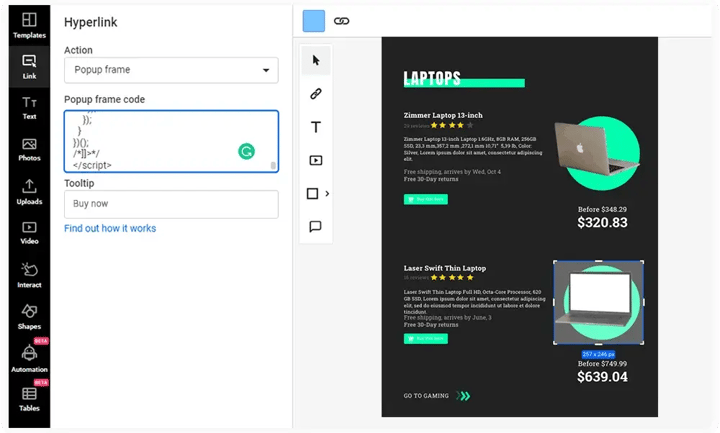 Pasting the Shopify code in the popup frame code box