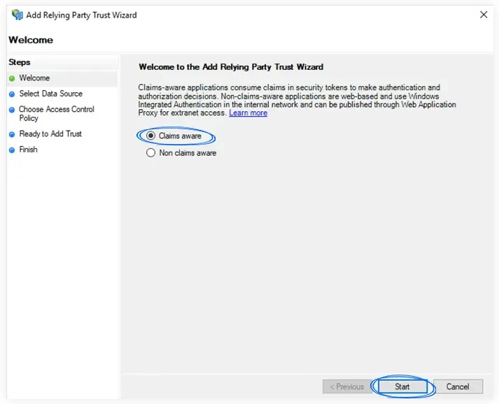 Choosing the Claims aware option 