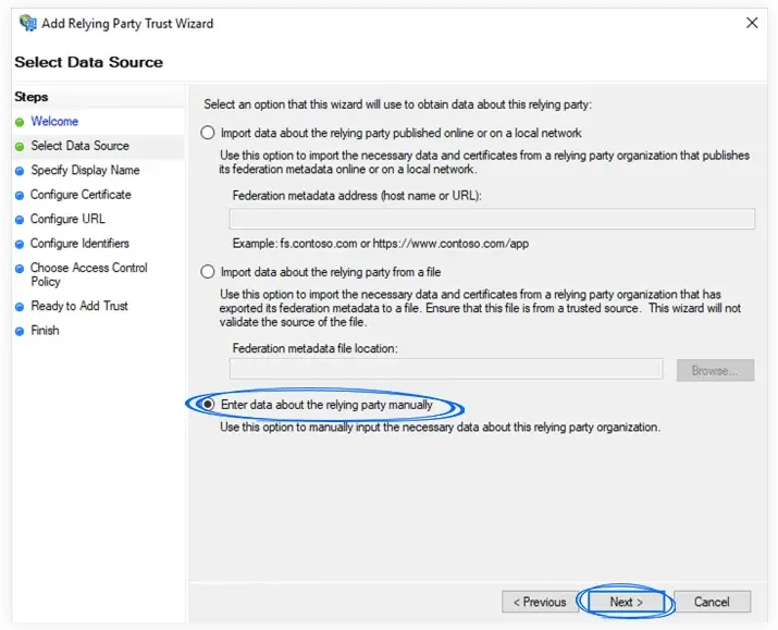 Selecting the data about the relying party manually