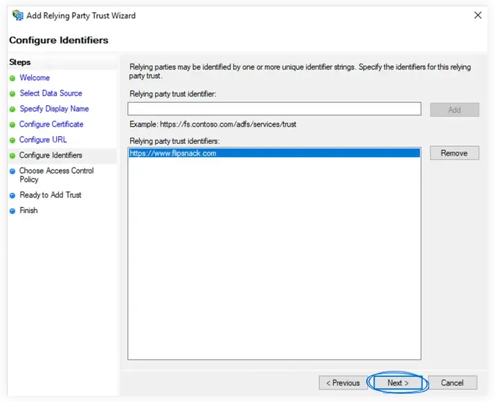 Configuring the identifiers and hitting the next button