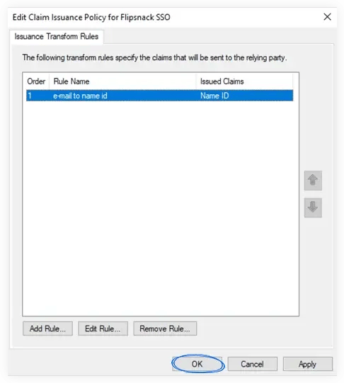 Finishing setting up the claim issuance policy for Flipsnack SSO