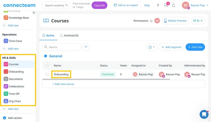 Select your course or other content type in Connecteam