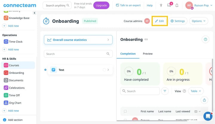 Click on the Edit button in the Connecteam course builder