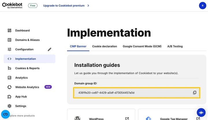 Implementation tab to copy domain ID