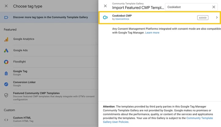 Search for and select Cookiebot CMP