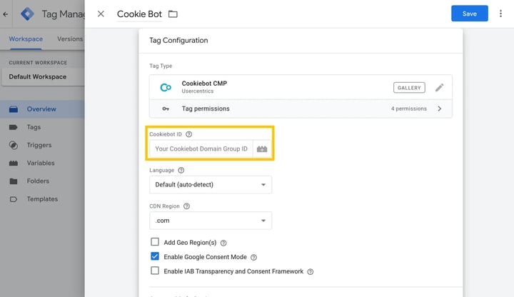 Add the domain ID from the implementation tag in Cookiebot