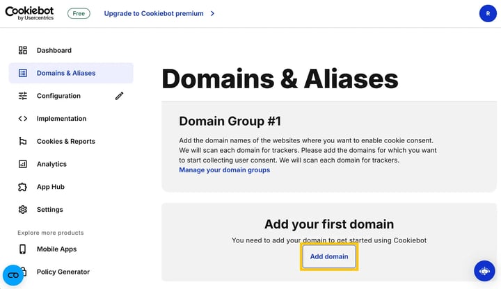 Add domain or subdomain to CookieBot account