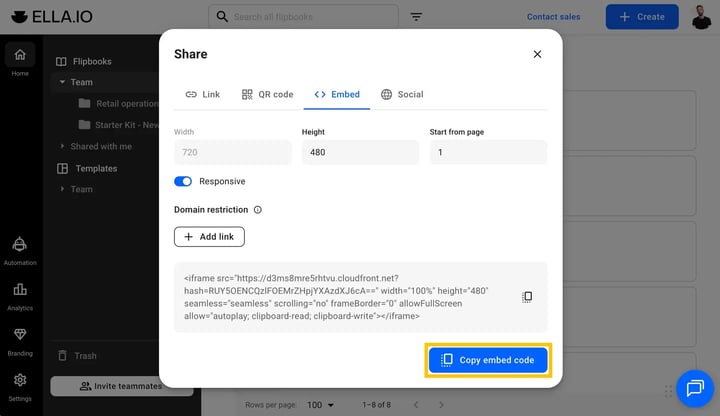 Select the Embed code option