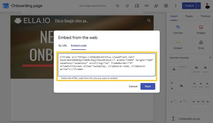 Paste the embed code into the Google Sites field