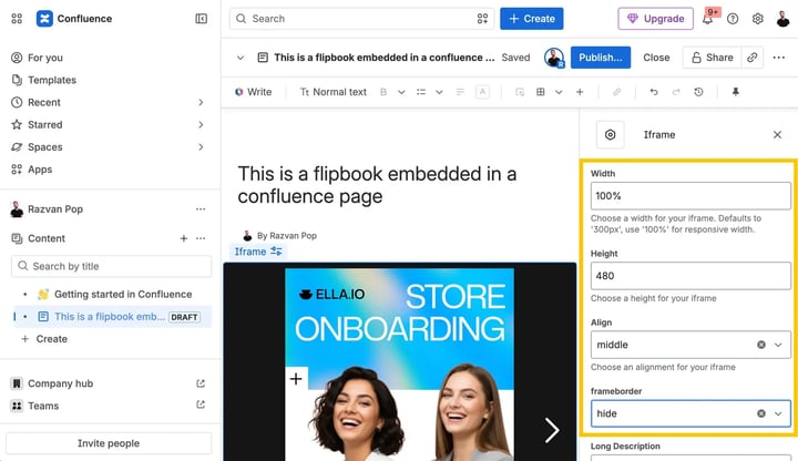 Adjust width and height in Confluence iframe settings