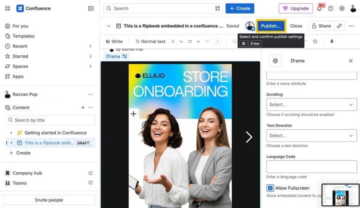 Publish the Confluence page with the embedded flipbook