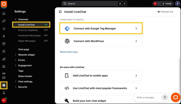 Navigate to Settings and select Google Tag Manager in LiveChat