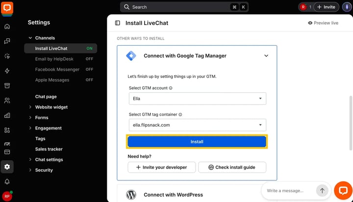Select Google Tag Manager account and container