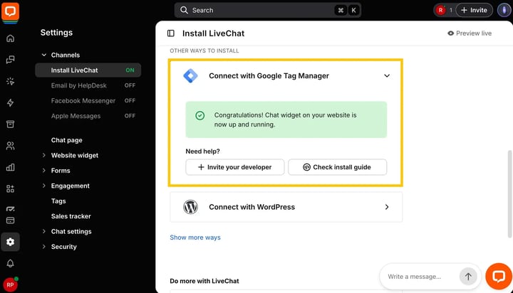 LiveChat installation success confirmation