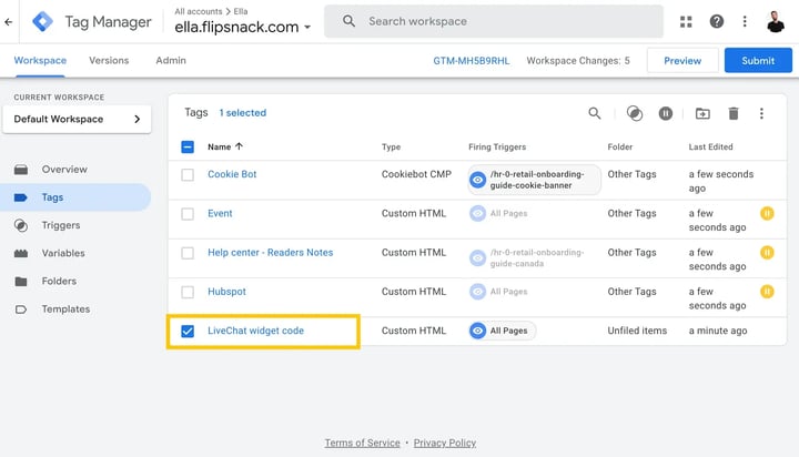Verify LiveChat Tracking Code tag in Google Tag Manager