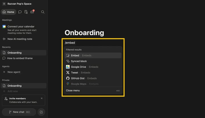 Pick the embed element from the Notion block menu