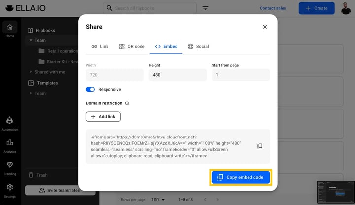 Copy the Flipsnack embed code from the pop-up