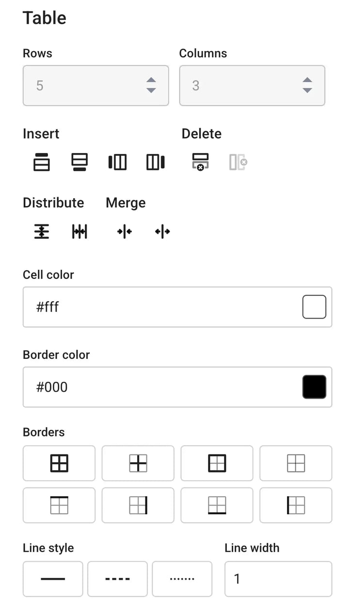 Complete view of the Table settings panel displaying general rows, columns, alignment, color customization fields, and grid layout presets.
