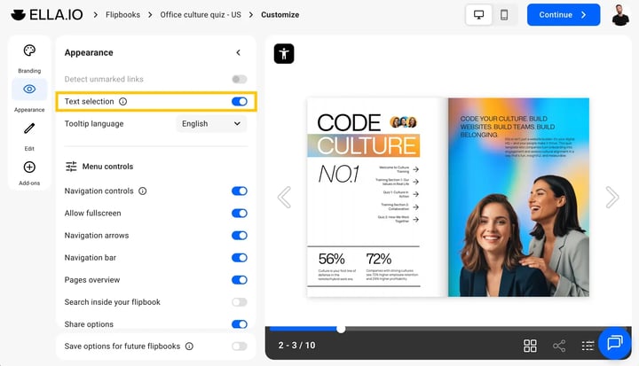 Text selection in flipbook player