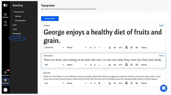 typography options in flipsnack Design Studio