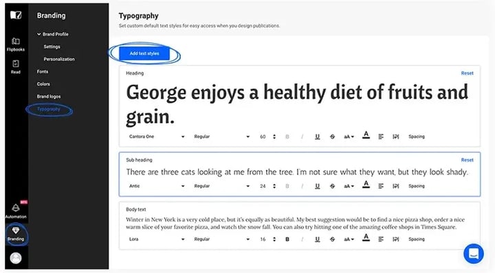 add text styles button in flipsnack Design Studio