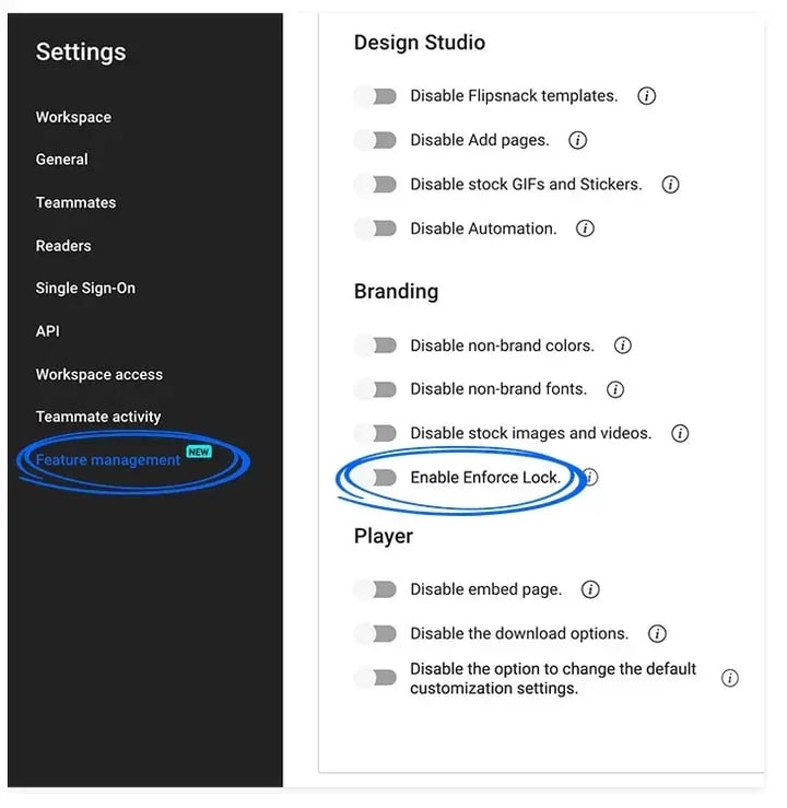 Feature management in Settings, with the Enable Enforce Lock switch in the Branding section
