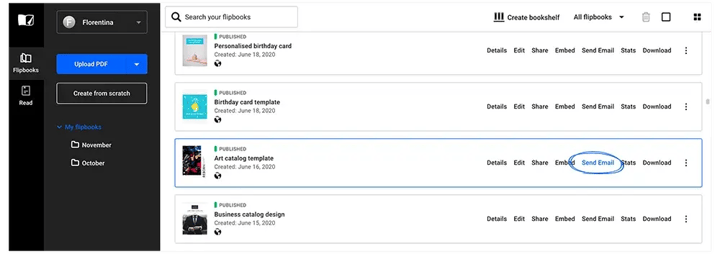 Selecting the Send email option in the list of flipbooks