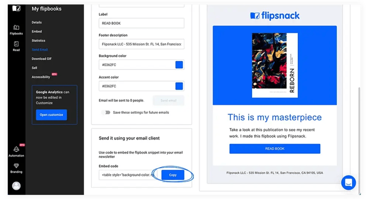Copying the embed code of the flipbook form Flipsnack
