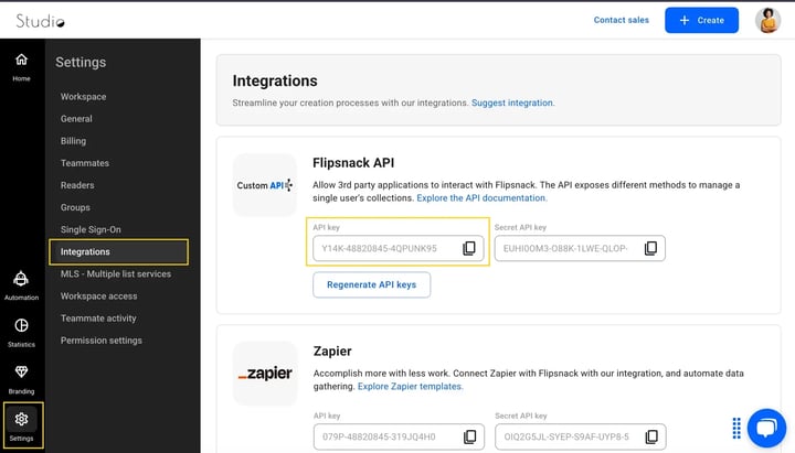 From Integration take your API key