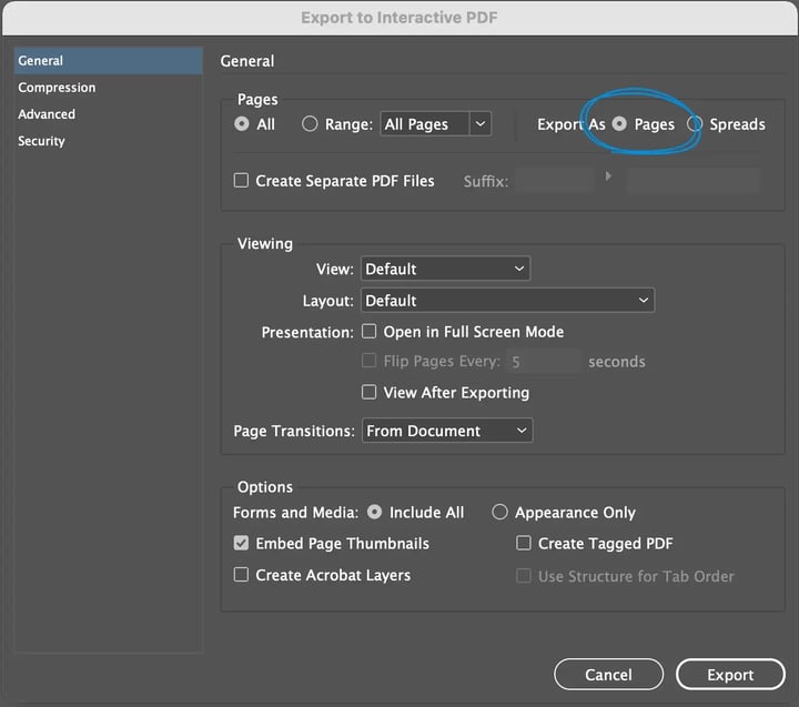 export pdf as pages in adobe InDesign
