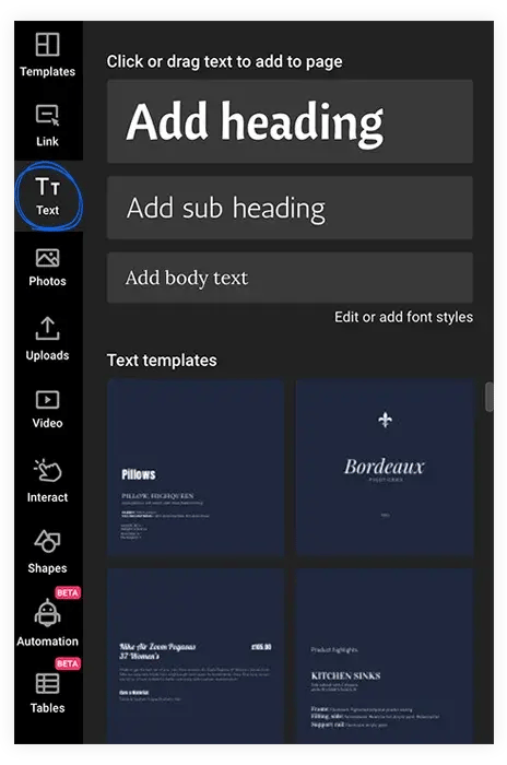 Adding a text template in Design Studio