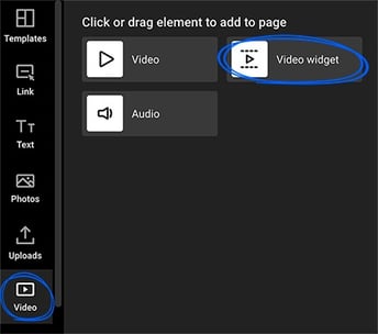 Selecting the Video widget button in Design Studio