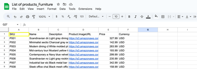 List of product CSV