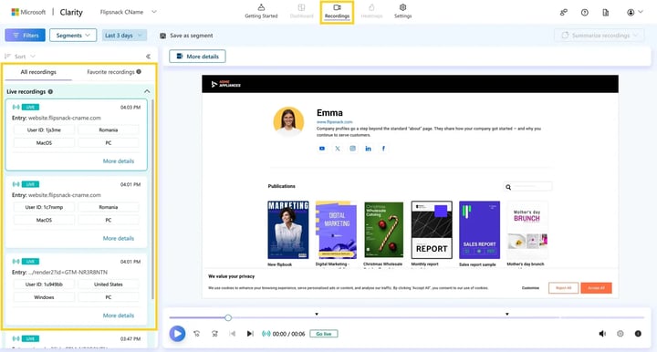 Microsoft Clarity Recordings