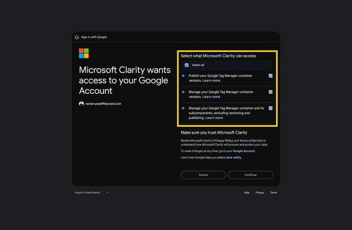 Microsoft Clarity google account permissions