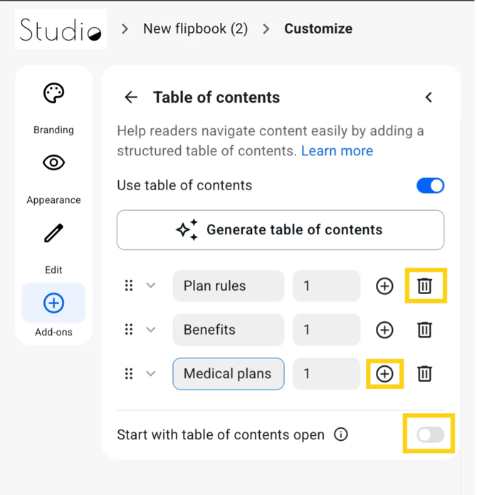Modify the table of contents