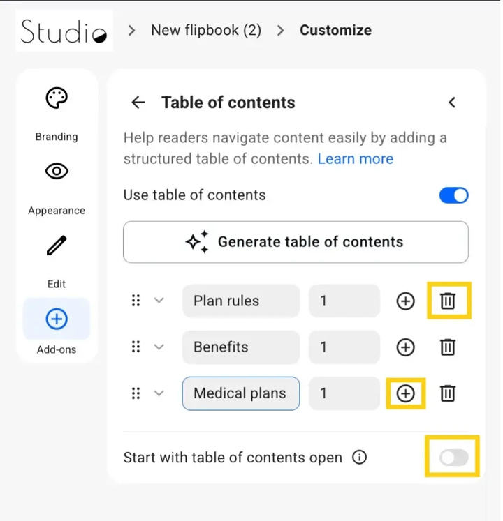 Modify the table of contents