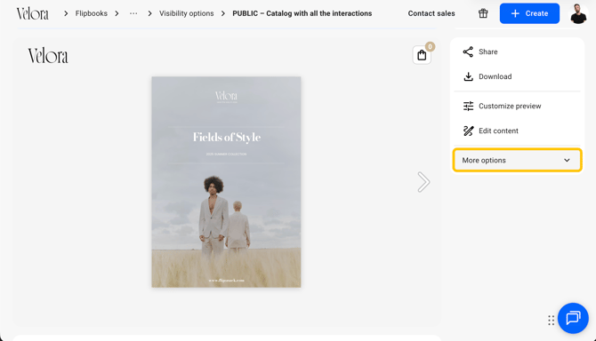 Open More options in the flipbook side panel