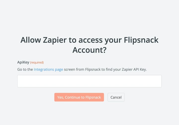 Paste Flipsnack api key and click Yes, Continue to Flipsnack.