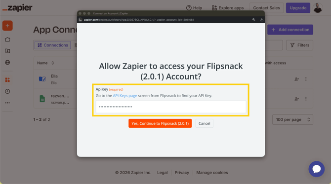 Paste the API key copied from the Flipsnack Integrations tab.