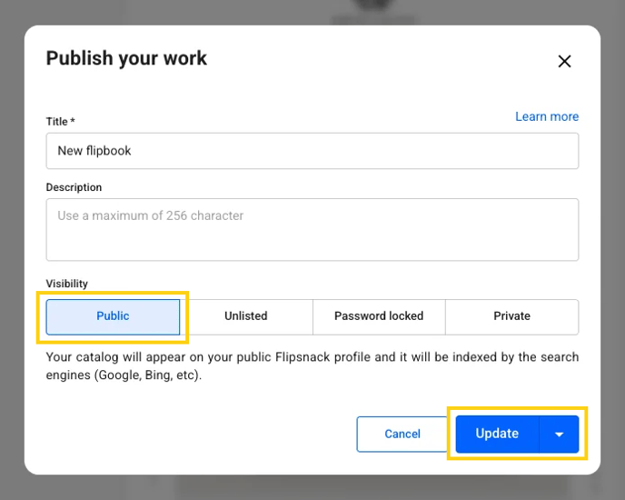set a flipbook to public by selecting the publick option and then click the update button