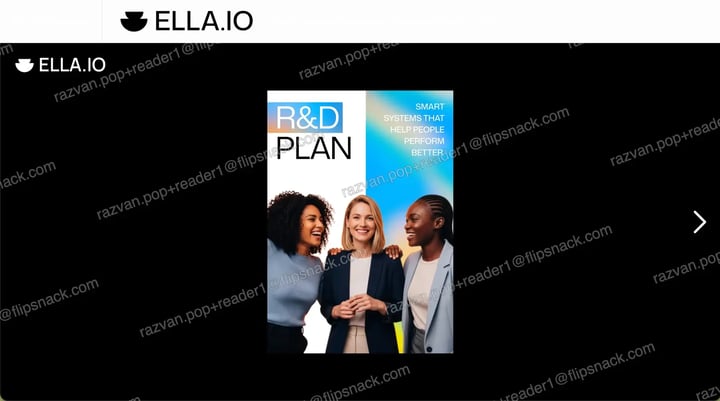 A flipbook open in the player with the reader’s email address tiled across the page as a watermark.