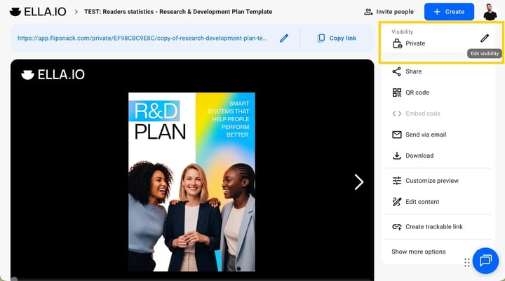 A flipbook’s overview page, with the Visibility setting reading Private and its edit control highlighted above Share and QR code.