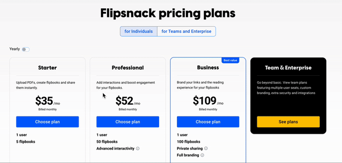 pricing page in flipsnack 