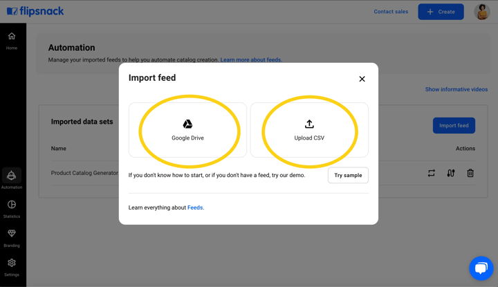 import feed, google drive or upload CSV