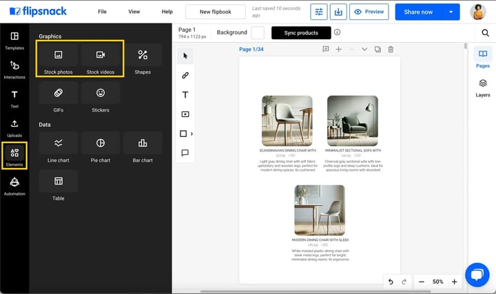 The Elements panel open in the Design Studio with Stock photos and Stock videos under Graphics